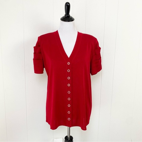 EXCLUSIVELY Misook Red Pleated Statement Short Sleeve Button Cardigan Top XL - Picture 1 of 16